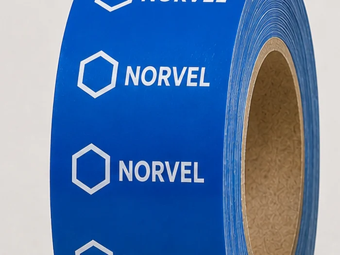 Rolo de fita personalizada azul com logotipo impresso repetido