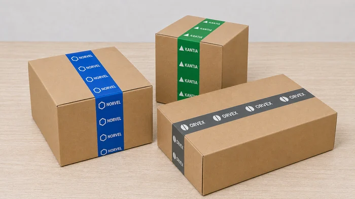 Caixas lacradas com fitas personalizadas de logotipos diferentes